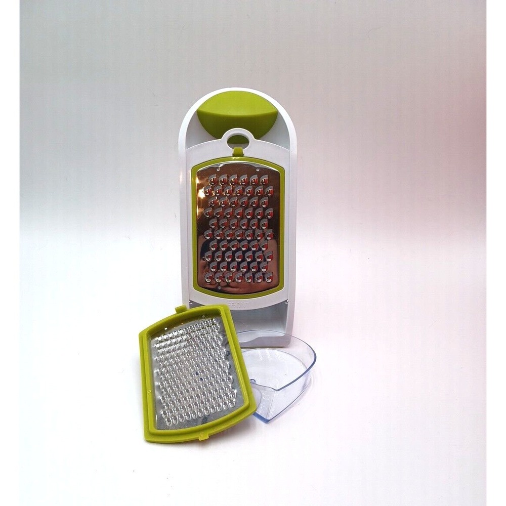 Green White Handheld Cheese Grater with 2 Interchangeable Blades Container